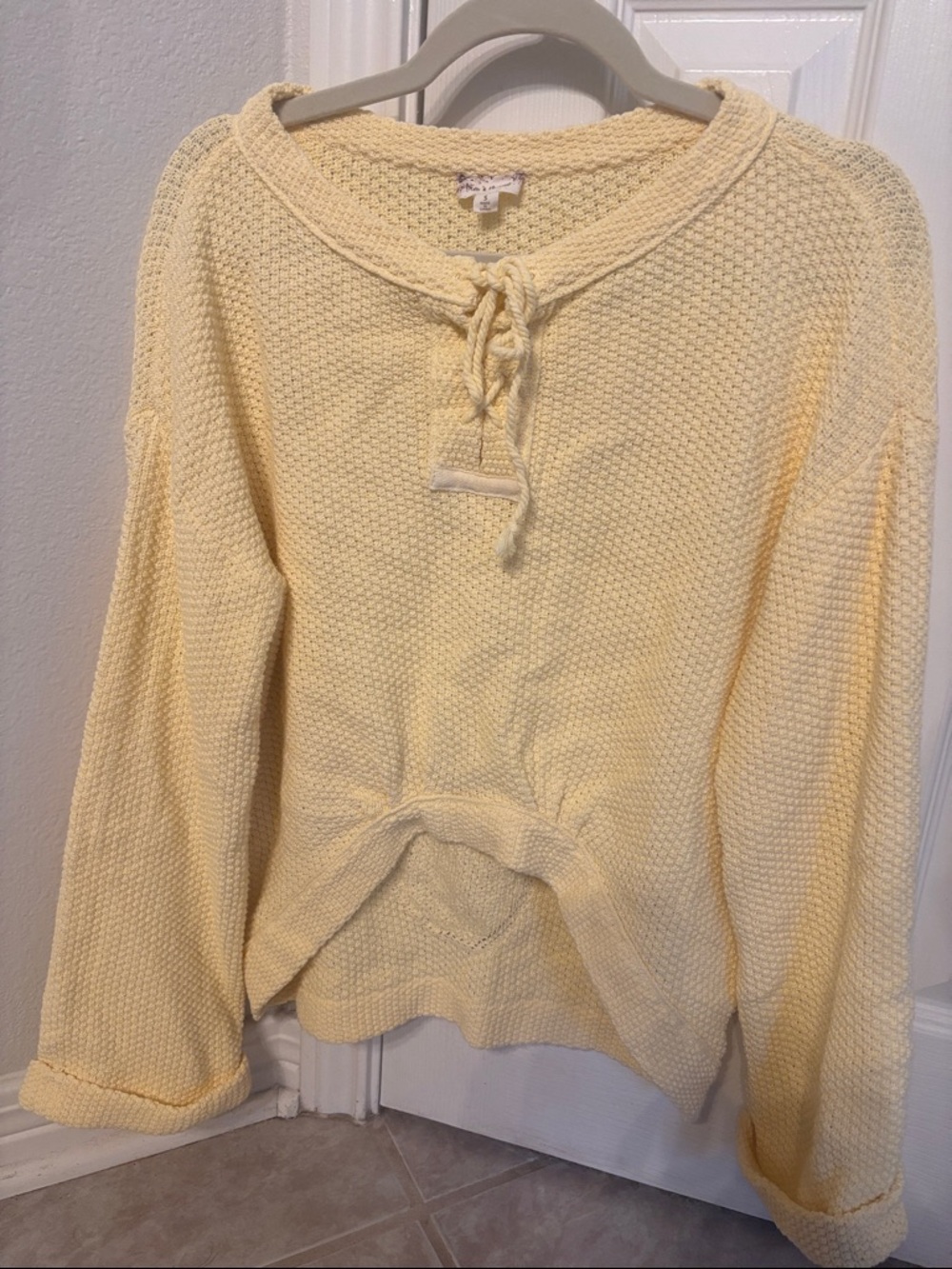 Hem & Thread Light Yellow Crochet Drawstring Crew Neck Sweater